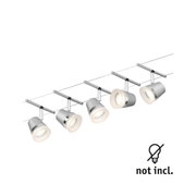 Moderne silberne LED-Seilstrahler mit verstellbaren Spots und Chromring für flexible Beleuchtung