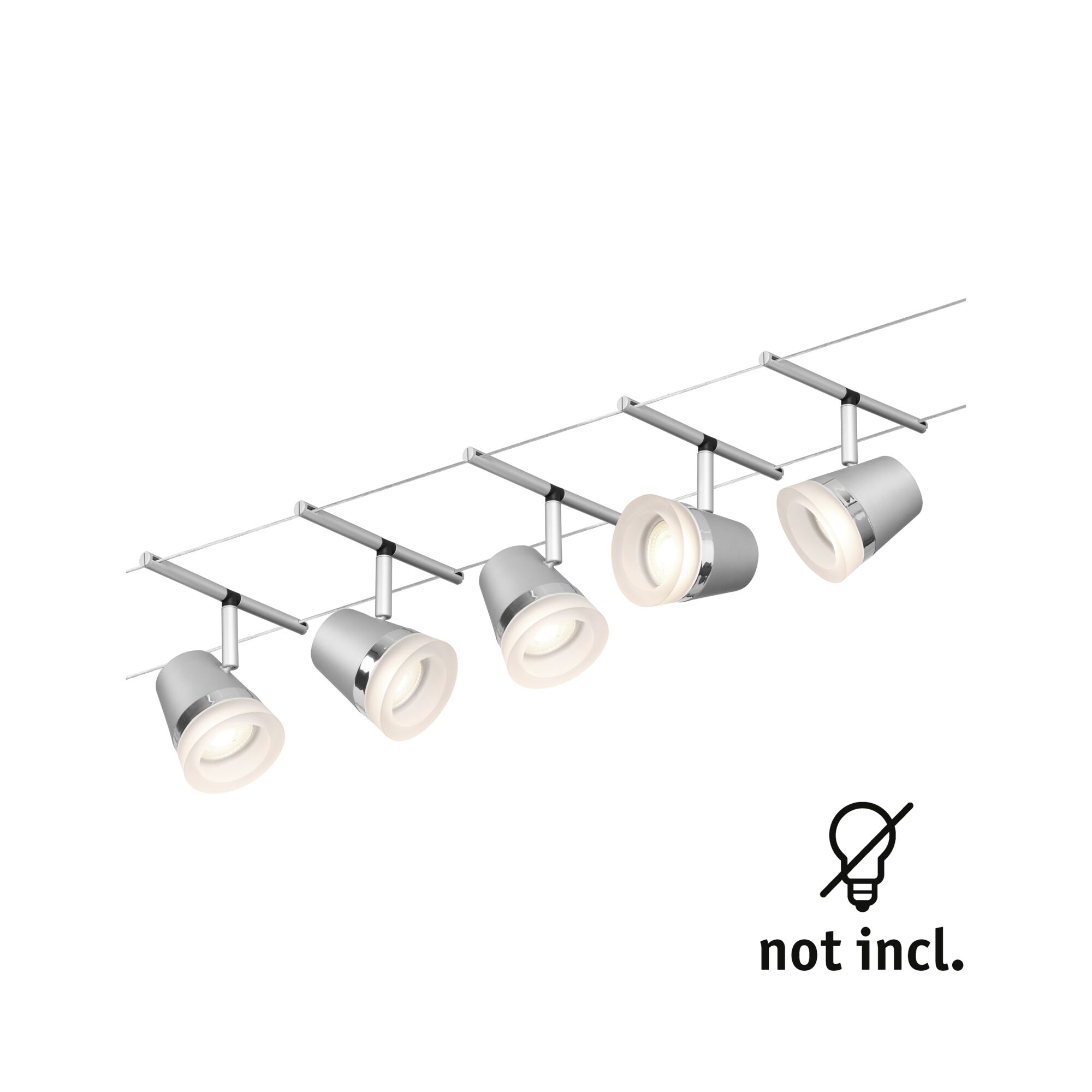 Modern silver LED cable spotlights with adjustable heads and chrome ring for versatile lighting