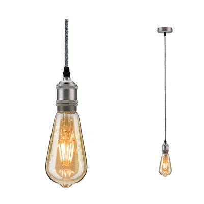 Hanging vintage light bulb with grey textile cable and brushed metal socket for ambient home lighting
