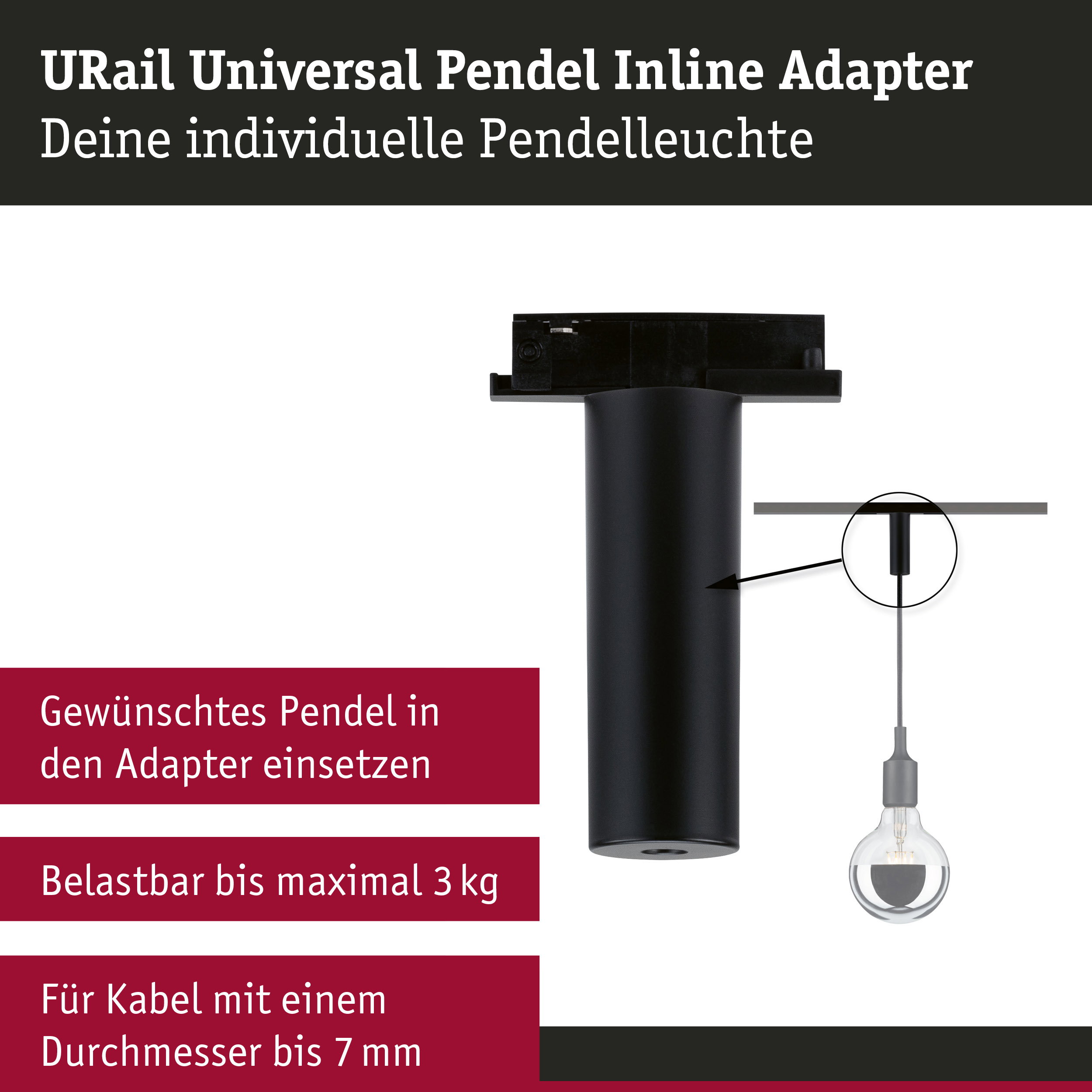 URail Pendeladapter Universal max. 50W 230V Schwarz matt