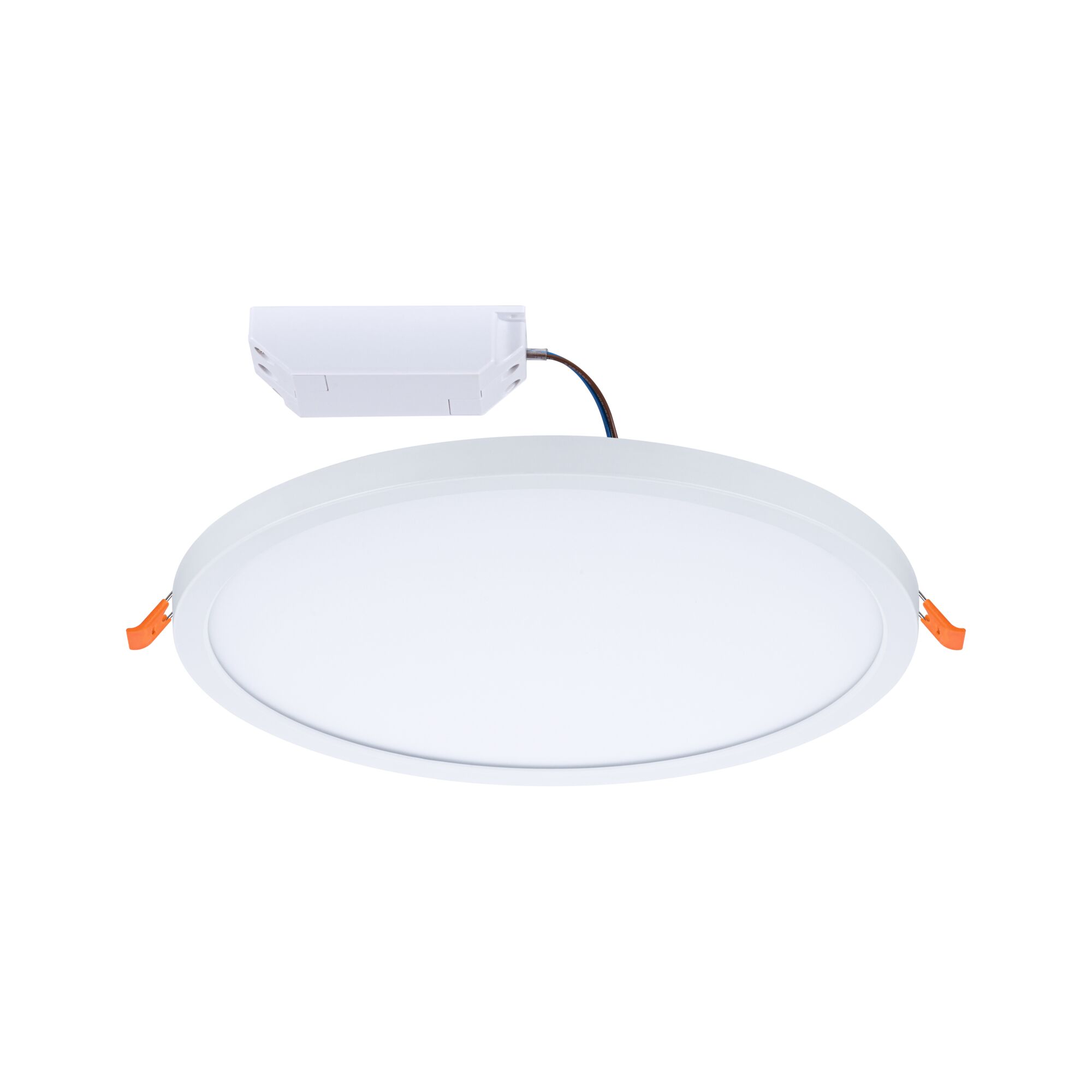 Round white LED recessed panel with white diffuser and driver box for energy-efficient ceiling lighting