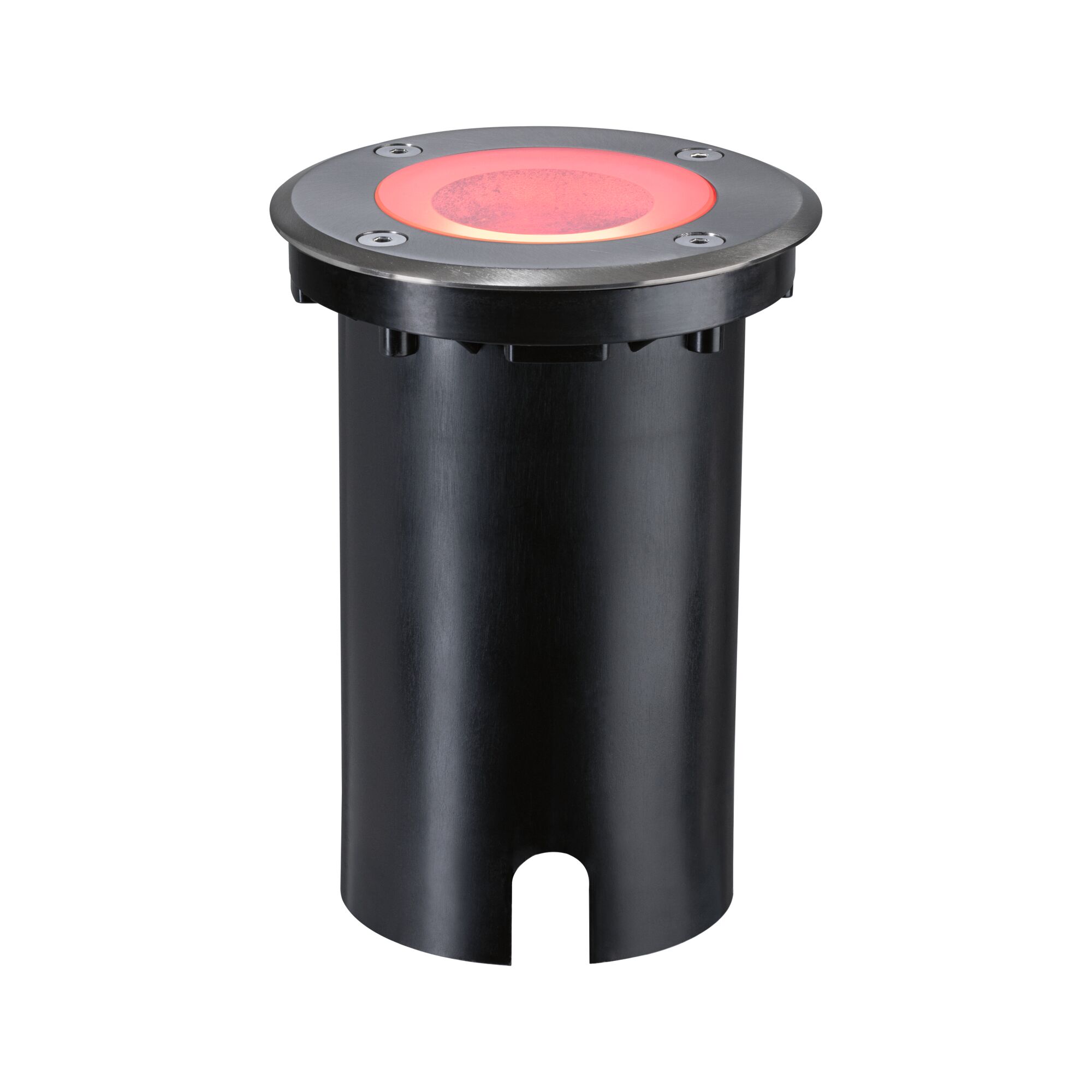 Round black metal recessed floor spotlight with red LED light for outdoor lighting