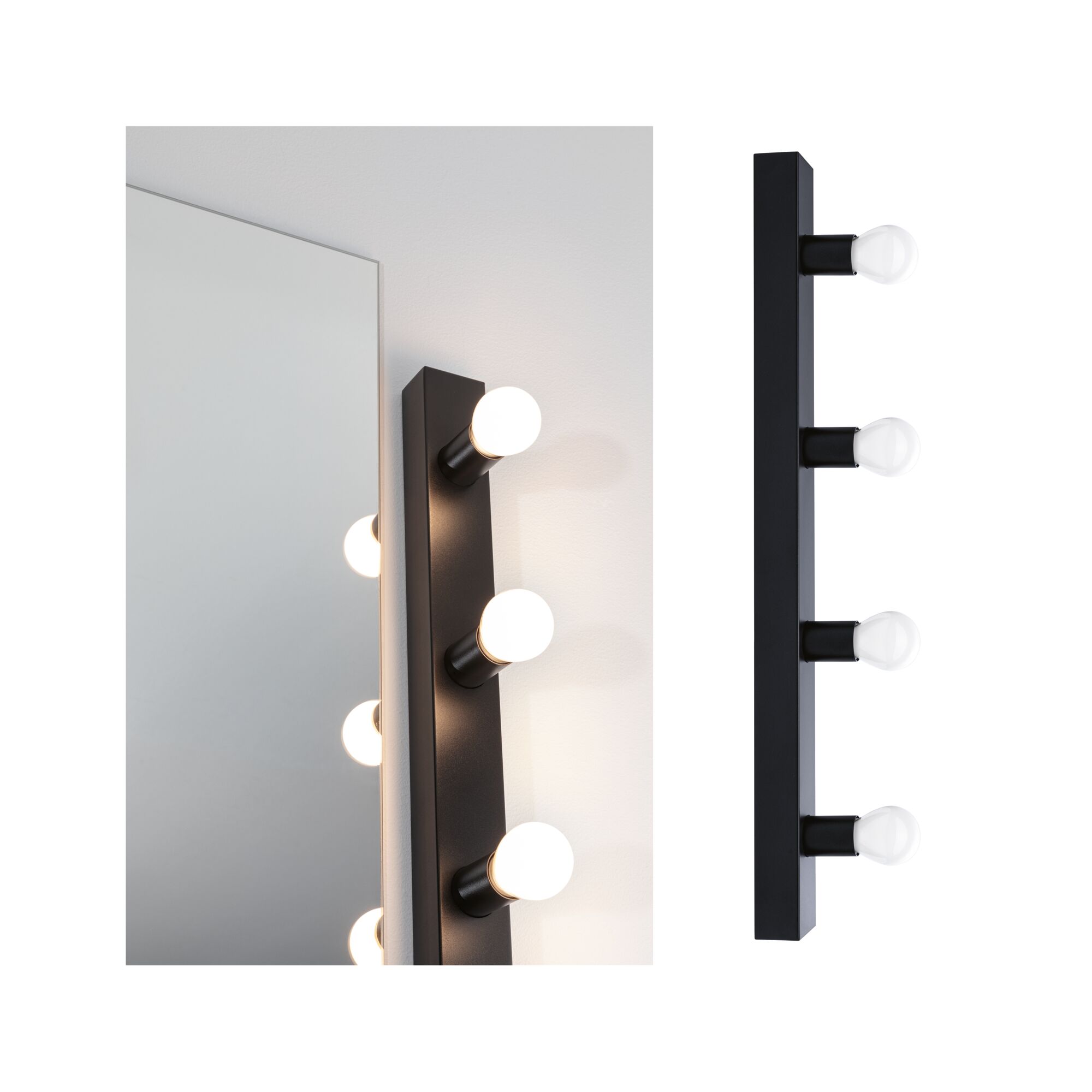 Schwarze Wandlampe mit vier runden weißen LED-Leuchtmitteln für modernes Wohnambiente.