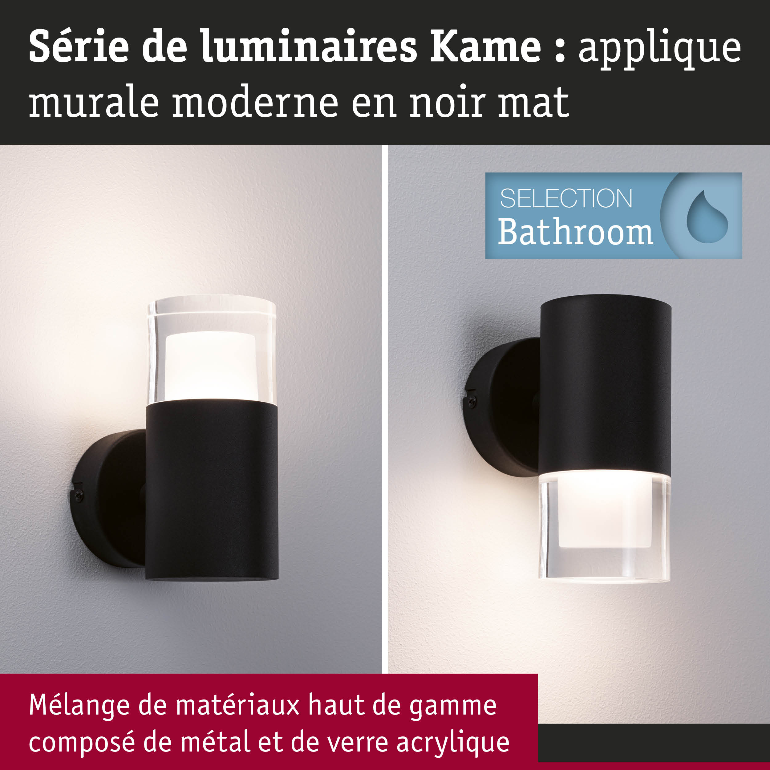 Applique murale moderne Kame en noir mat en métal et verre acrylique pour éclairage salle de bain