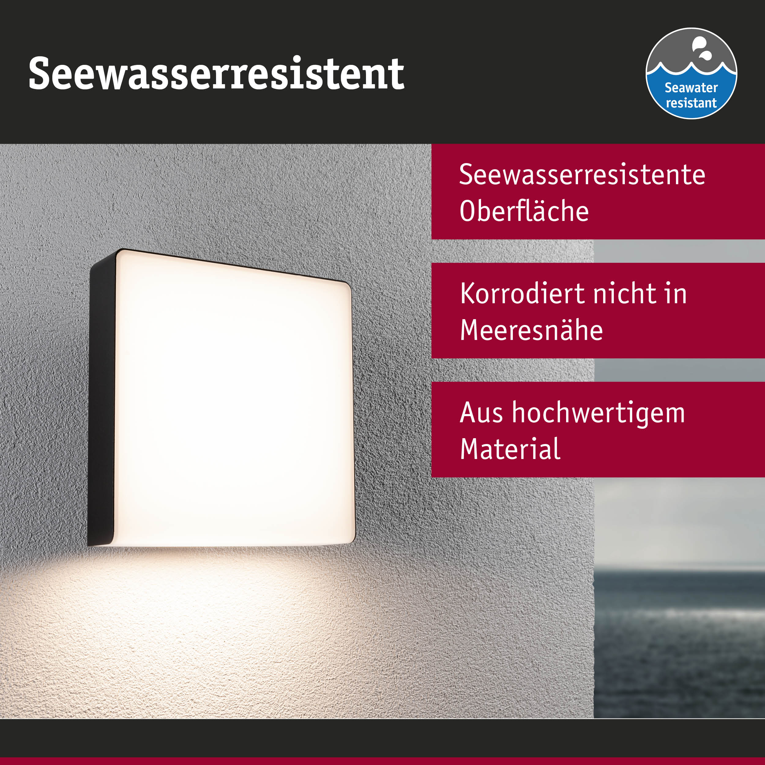 Seewasserresistente Wandlampe mit schwarzem Rahmen und weißem Licht für Außenbereiche am Meer