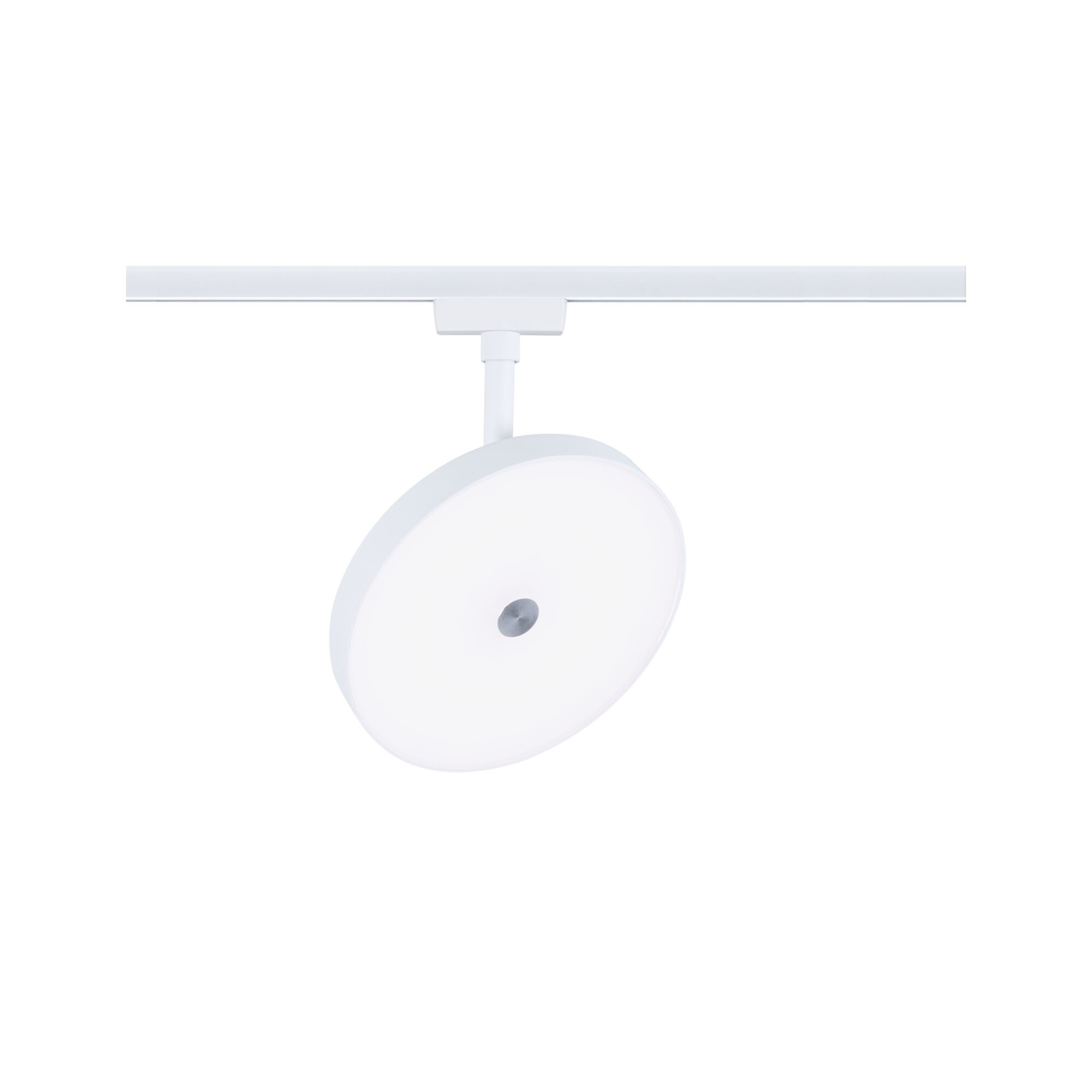 Round white LED track light with metal accent, modern ceiling spotlight design for living spaces