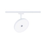 Round white LED track light with metal accent, modern ceiling spotlight design for living spaces