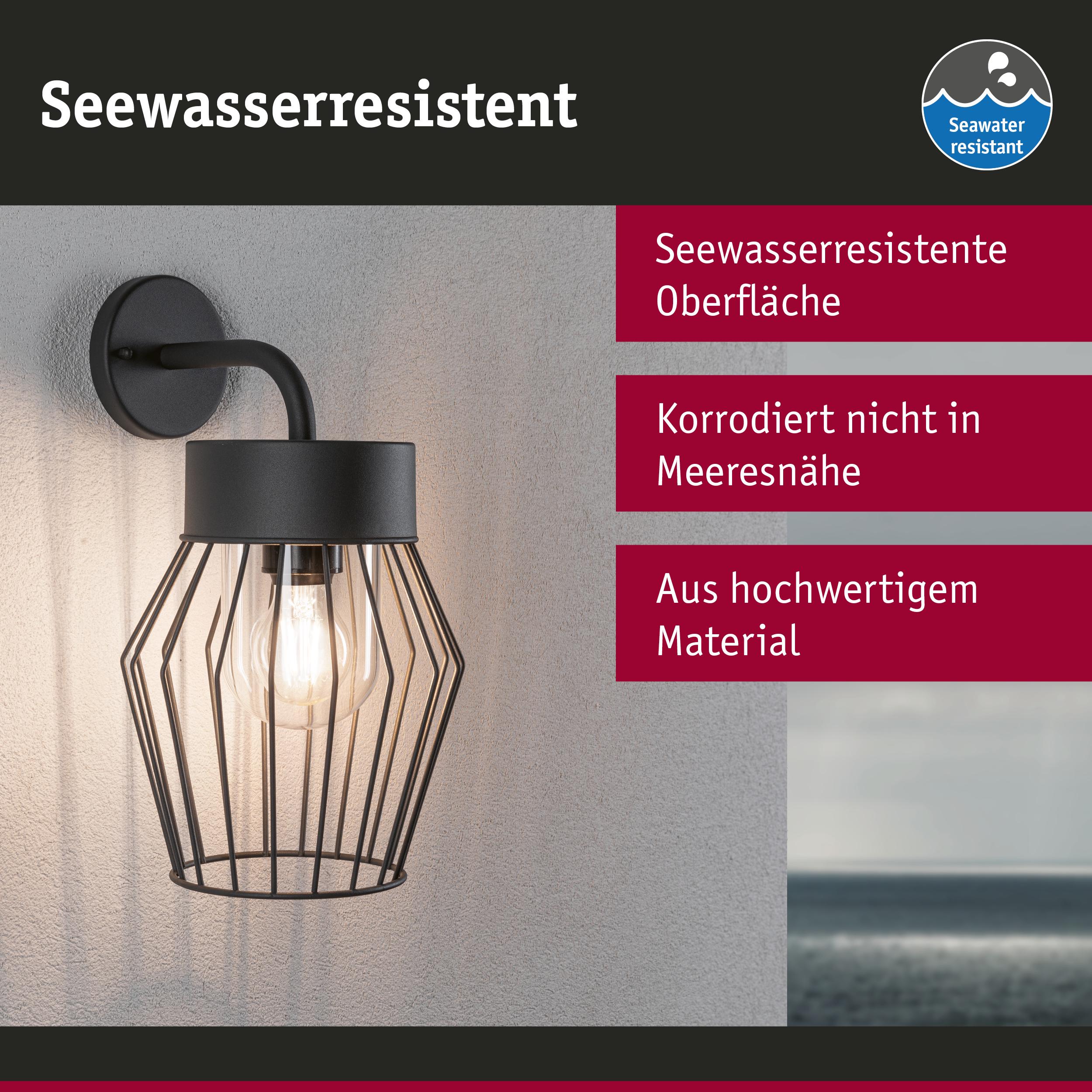 Schwarze Wandlampe aus Metall mit seewasserresistenter Oberfläche, korrosionsfrei für Außenbereiche.