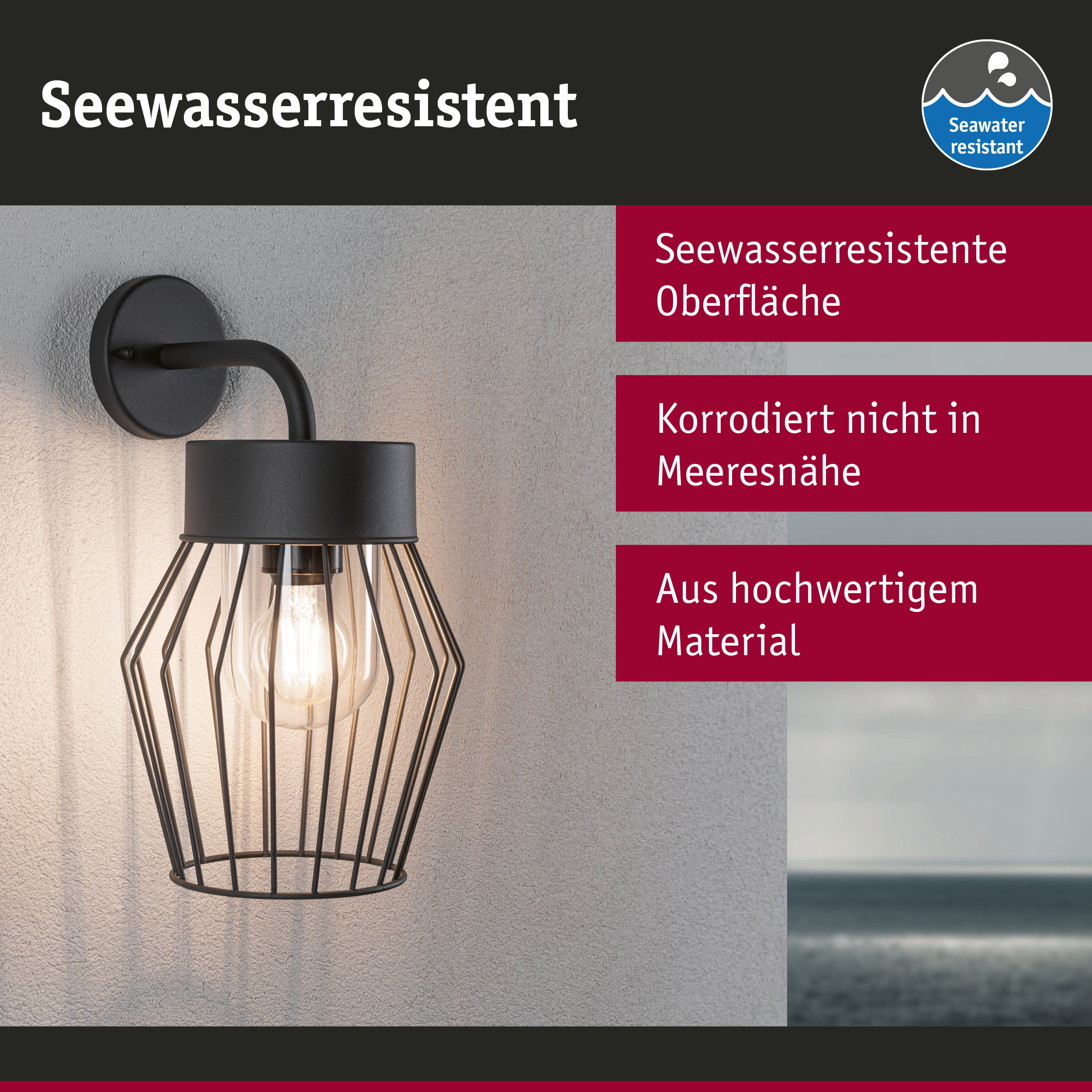 Schwarze Wandlampe aus Metall mit seewasserresistenter Oberfläche für Außenbeleuchtung am Meer