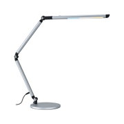 Modern silver metal LED desk lamp with adjustable arm and round base for office lighting and workspaces