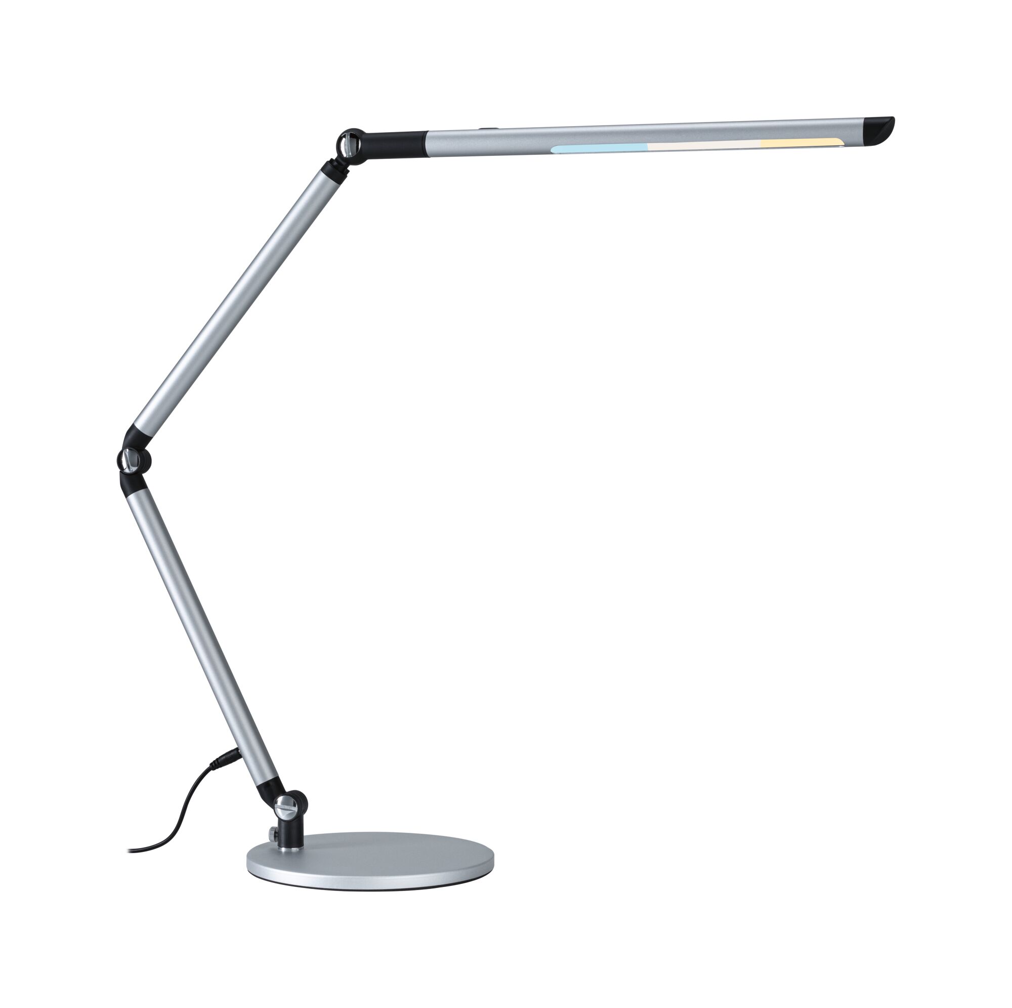 Modern silver metal LED desk lamp with adjustable arm and round base for office lighting and workspaces