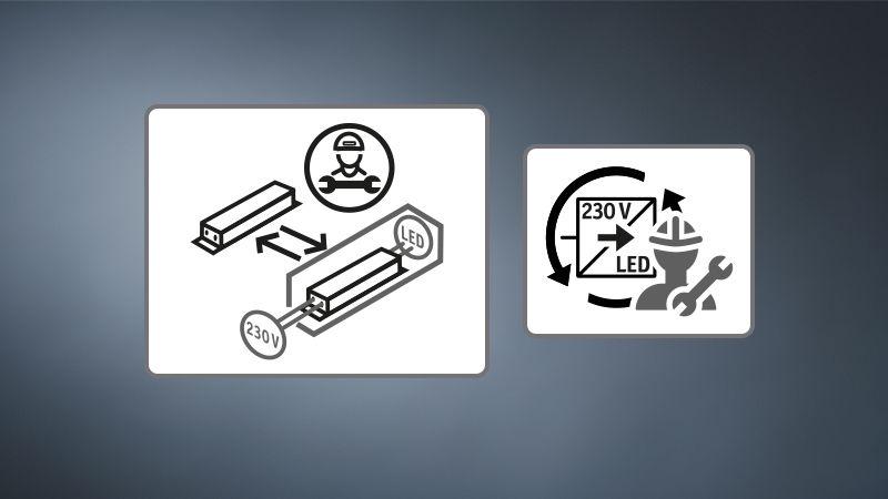 Icon showing replaceable LED control gear with 230V, installation by professional only.