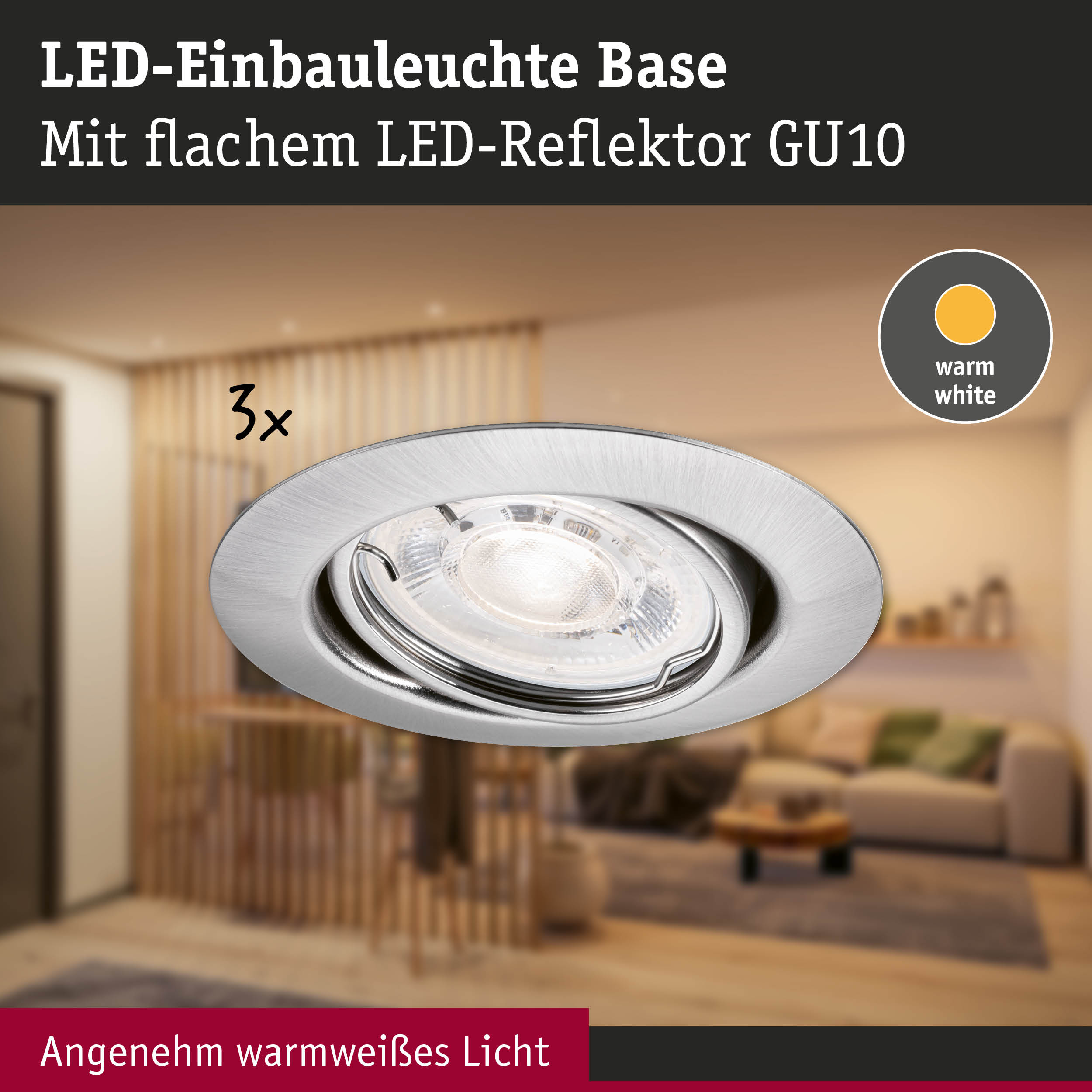 LED-Einbauleuchte Base aus gebürstetem Aluminium mit warmweißem Licht und GU10 Reflektor