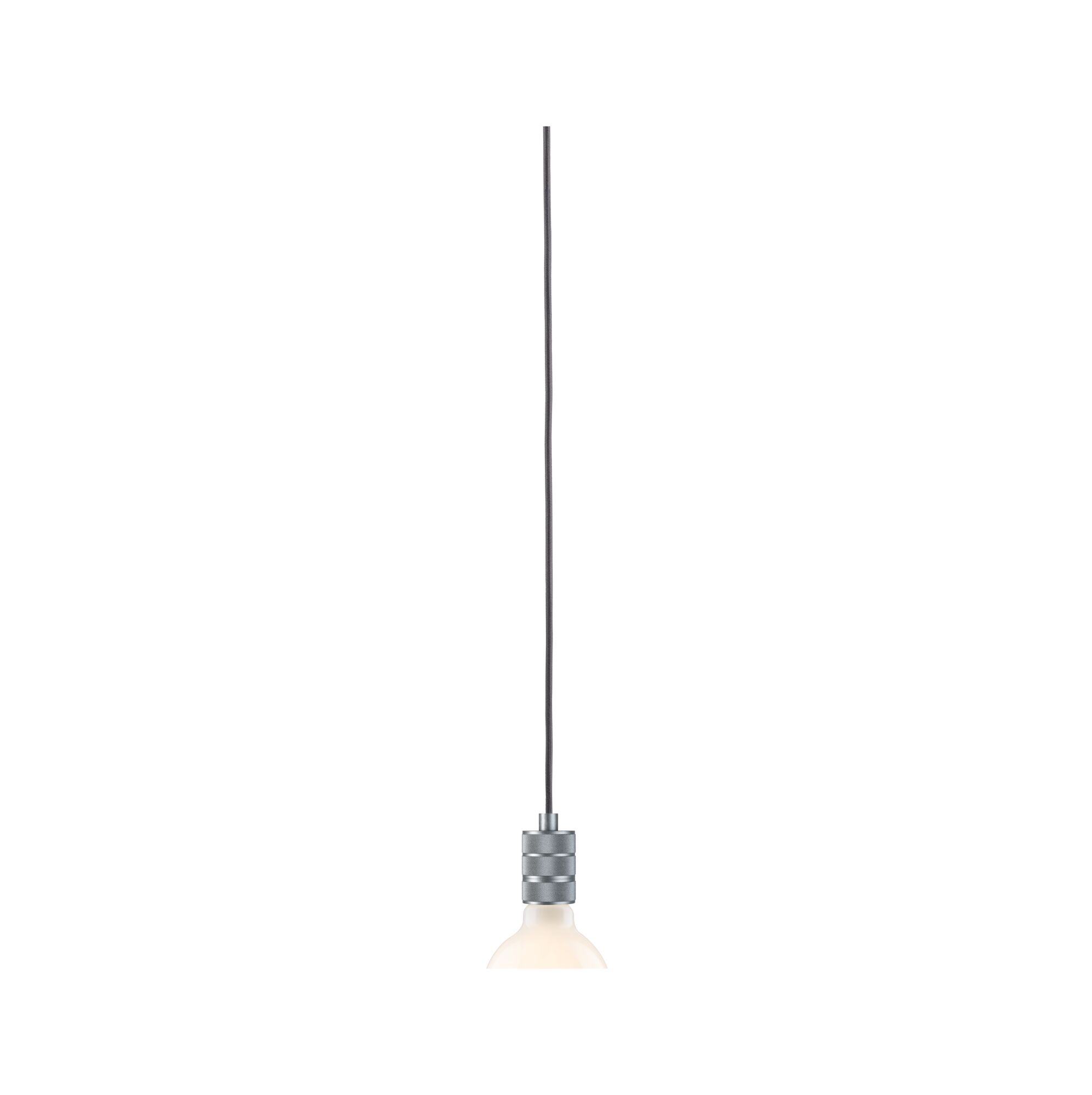Moderne hanglamp met grijze stoffen kabel en zilveren metalen fitting voor LED-lamp