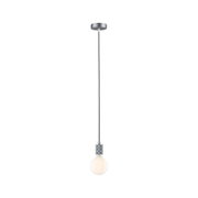 Moderne hanglamp met grijze stoffen kabel en zilveren metalen fitting voor LED-lamp