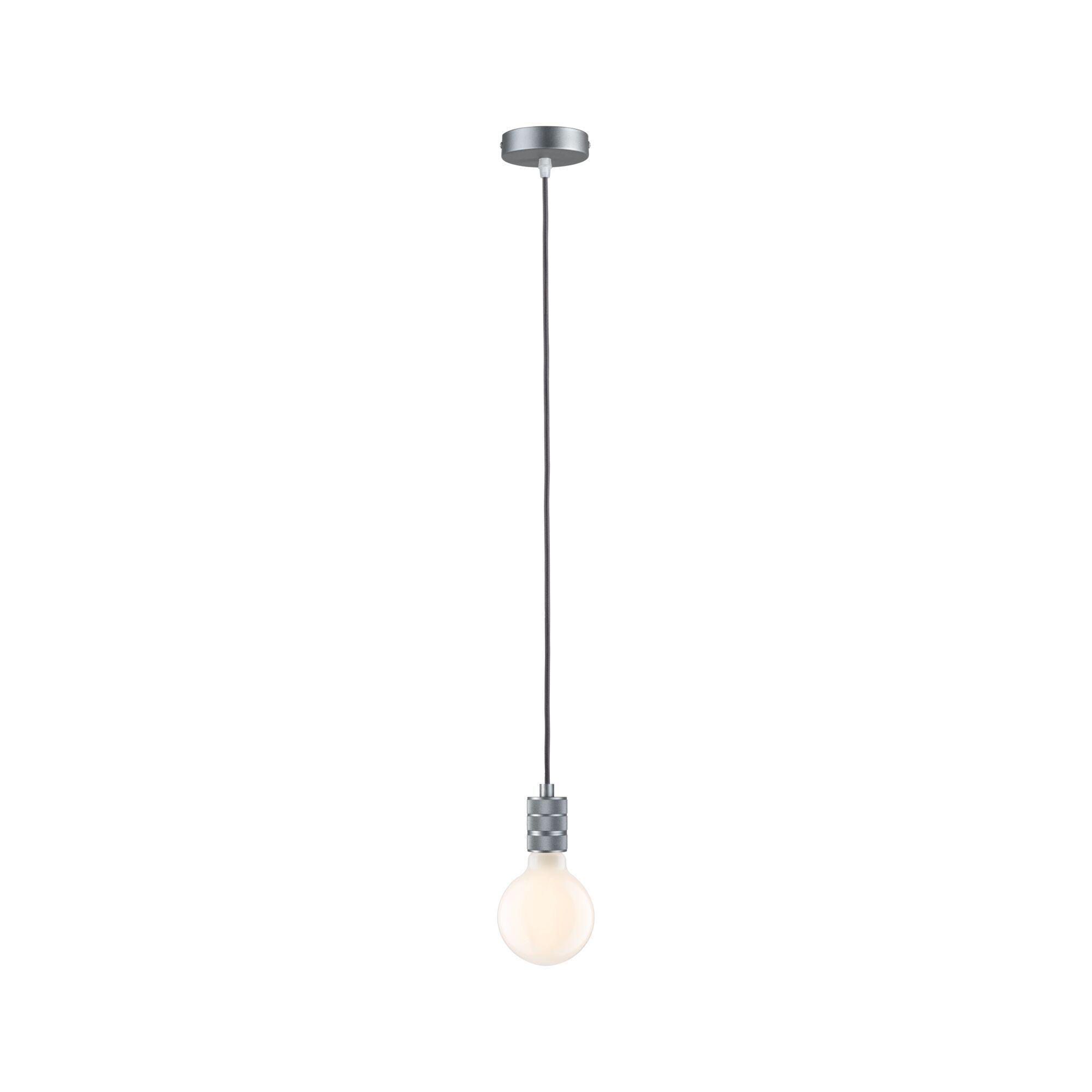 Moderne hanglamp met grijze stoffen kabel en zilveren metalen fitting voor LED-lamp