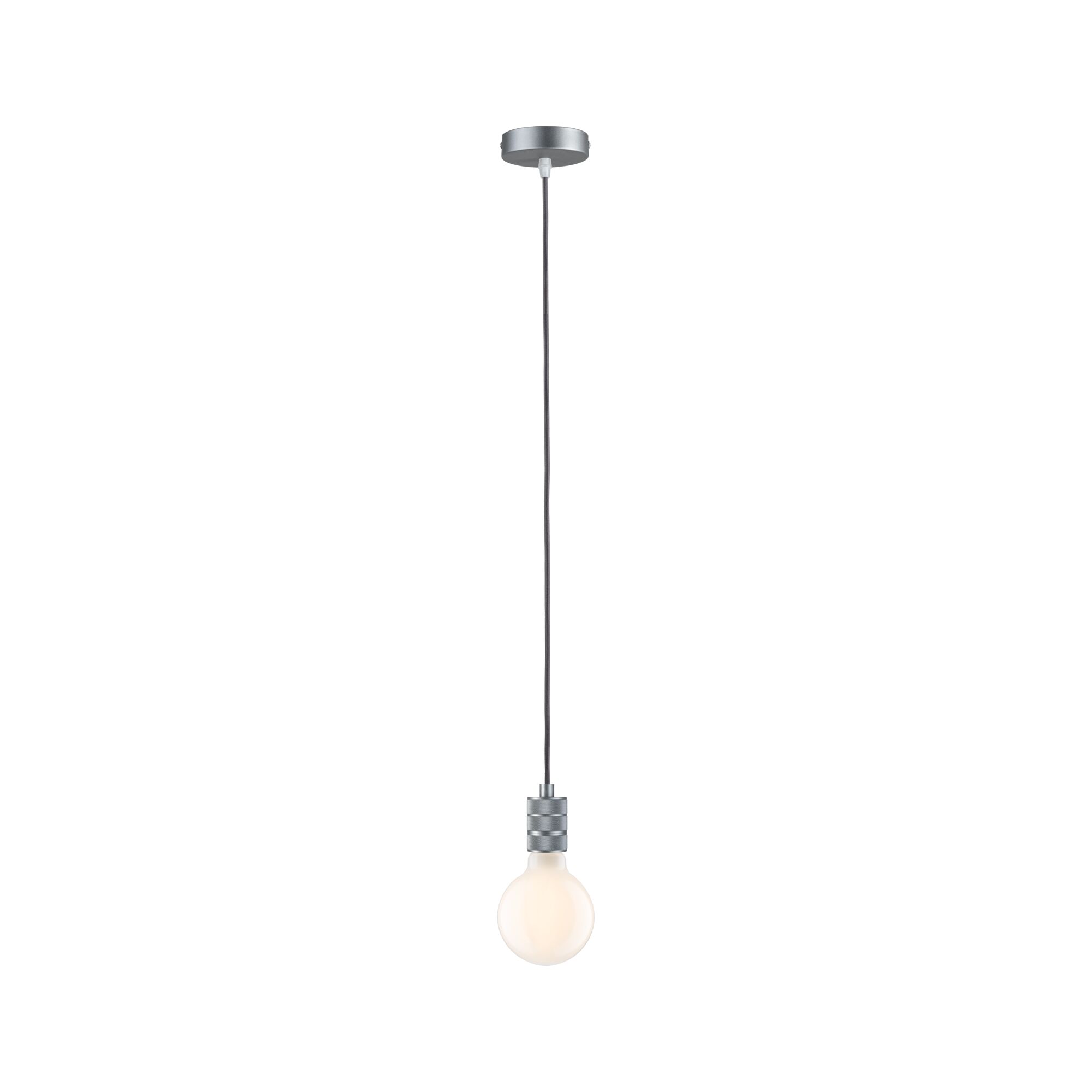 Moderne Pendelleuchte mit grauem Textilkabel und silbernem Metallfassung für LED-Glühbirne