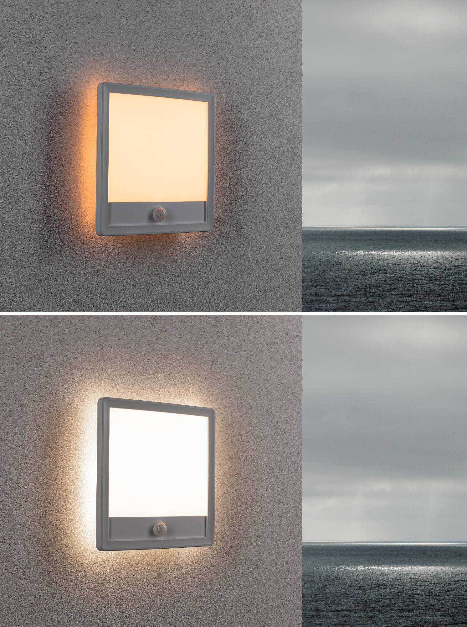 Quadratische graue Außenwandleuchte mit Bewegungsmelder und warmweißem Licht an Hauswand.