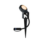 Black LED outdoor spotlight with ground spike and warm white light for garden and exterior lighting