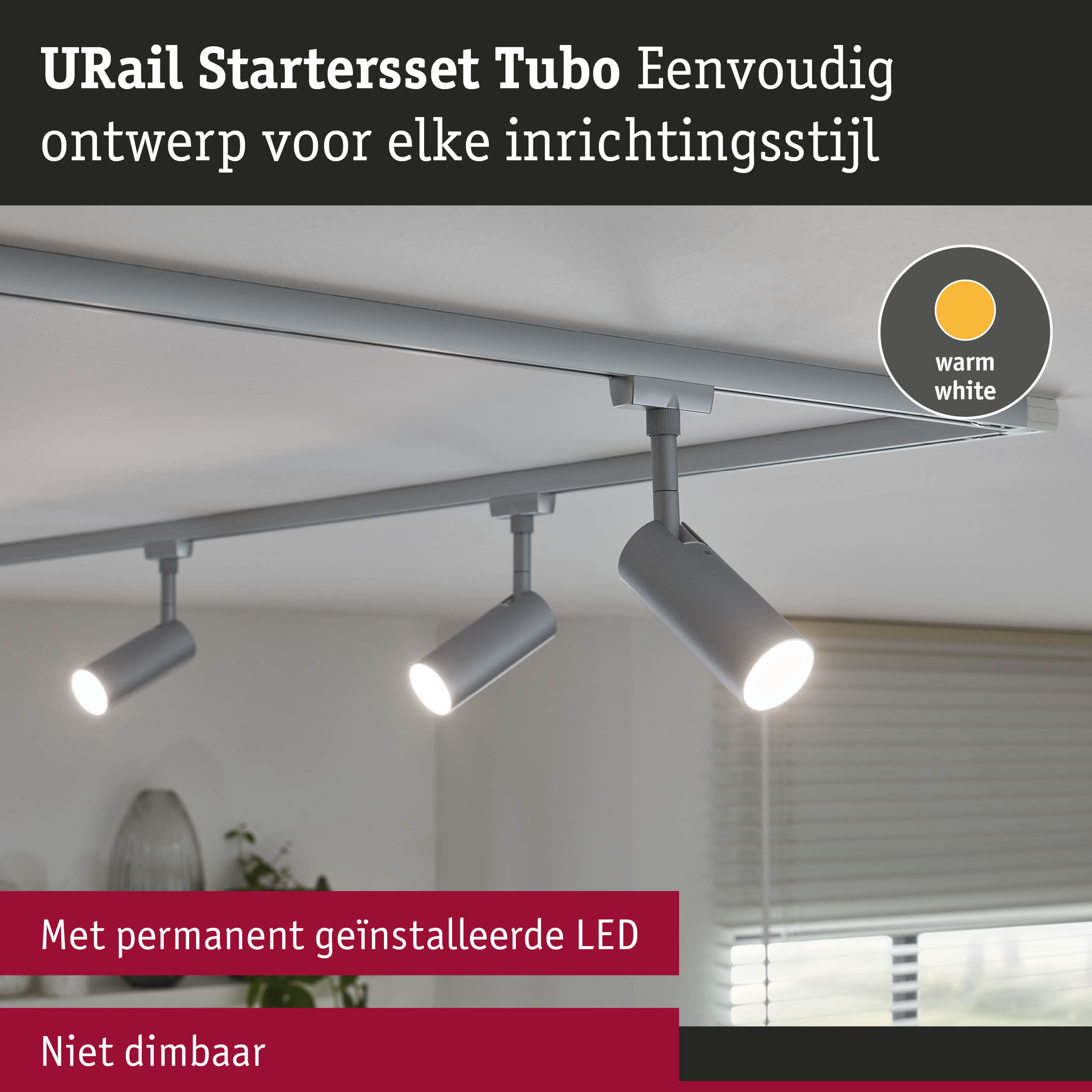 URail Starterset Tubo grijze LED-railspots met warm wit licht voor moderne binnenverlichting