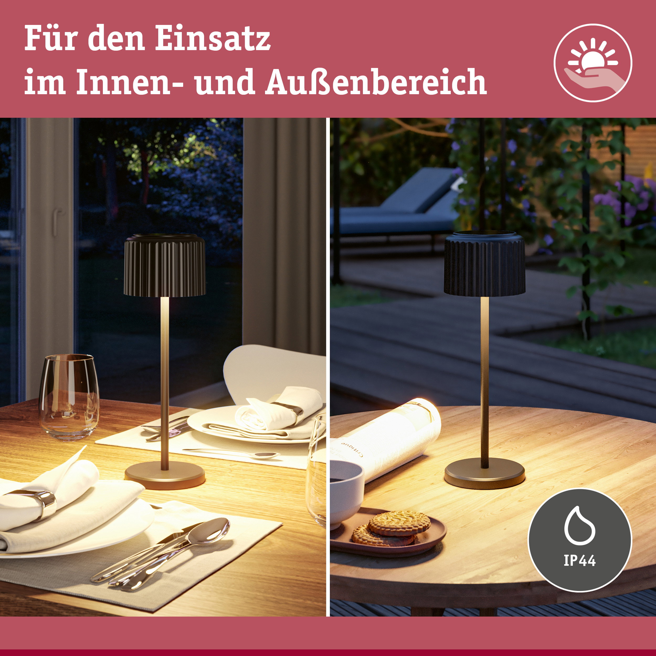Schwarze Tischlampe mit goldfarbenem Ständer auf gedecktem Tisch, geeignet für Innen- und Außenbereich mit IP44 Schutz