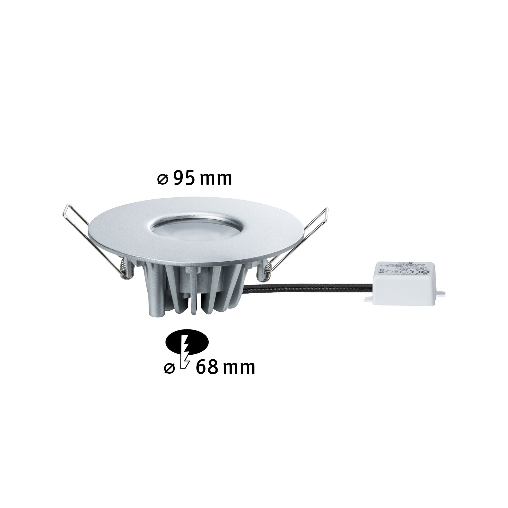 Round silver aluminium recessed spotlight with 95 mm diameter and 68 mm installation size