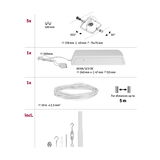 Technical drawing showing 5 white LED cable spotlights, power supply, 10m cable, and mounting accessories.