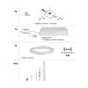 Technische Zeichnung weißer Kabelstrahler mit 160 mm Durchmesser und 355° Drehung, inklusive Netzteil und Kabel