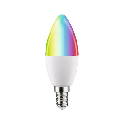 Colorful LED candle bulb with E14 base in white and multicolor light head for smart lighting