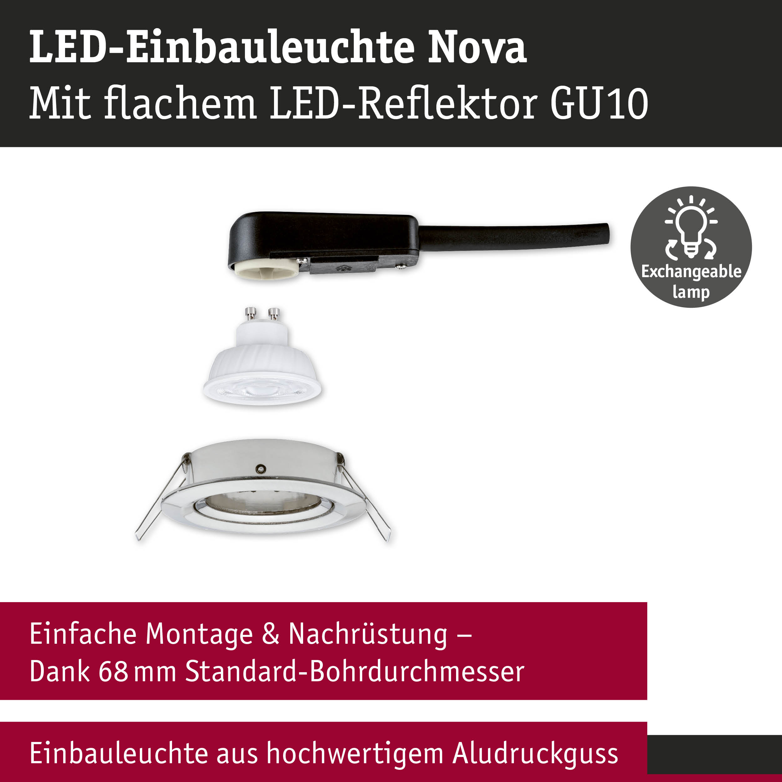LED-Einbauleuchte Nova mit flachem GU10 LED-Reflektor und weißem Aludruckgussgehäuse