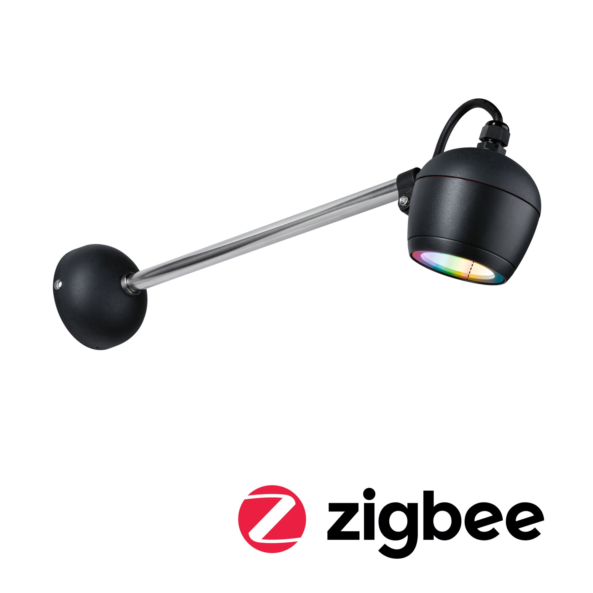 Schwarze LED-Wandleuchte mit verstellbarem Edelstahlarm und RGB-Farblicht für smarte Zigbee-Steuerung