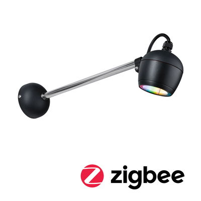Schwarze LED-Wandleuchte mit verstellbarem Edelstahlarm und RGB-Farblicht für smarte Zigbee-Steuerung
