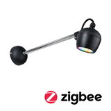 Schwarze LED-Wandleuchte mit verstellbarem Edelstahlarm und RGB-Farblicht für smarte Zigbee-Steuerung