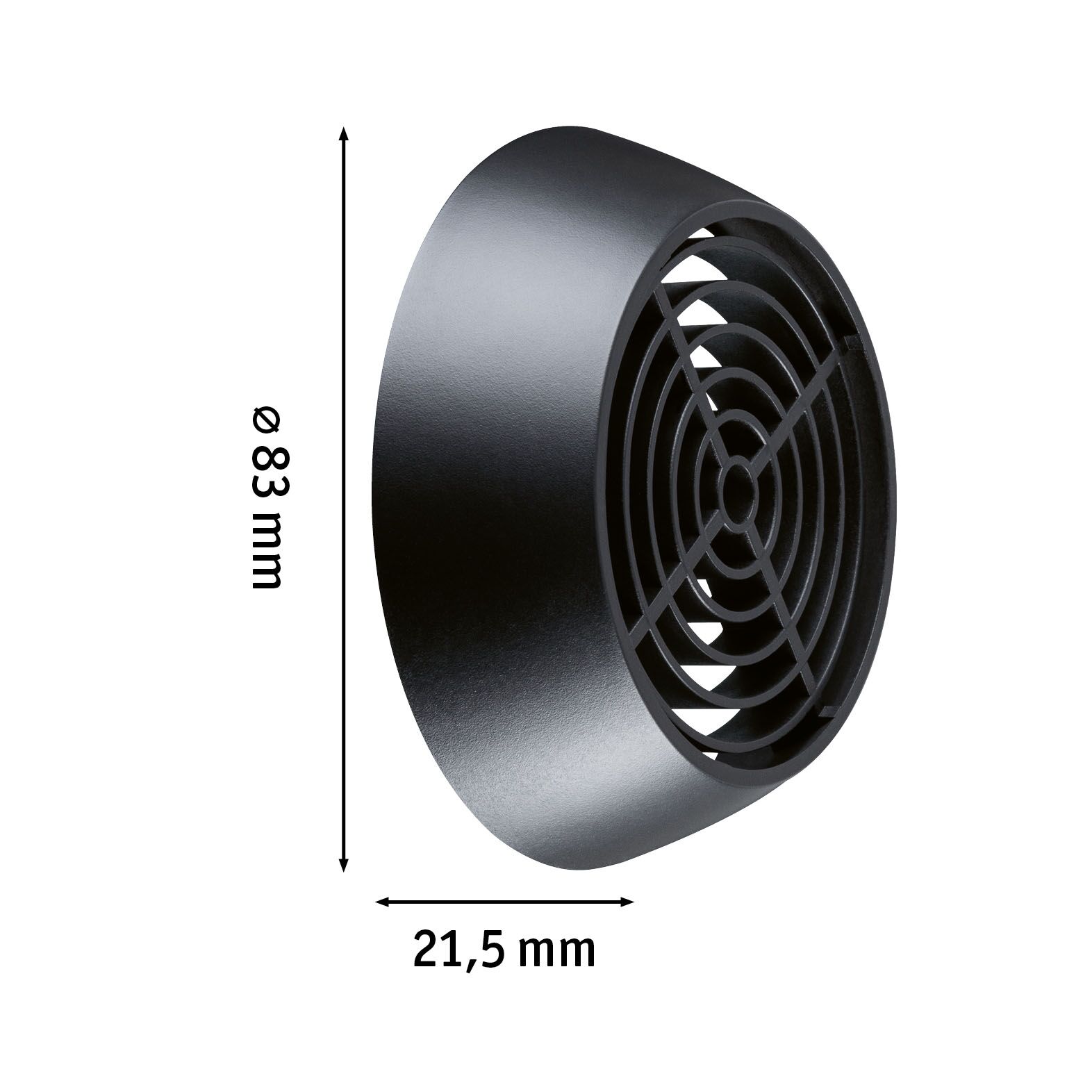 Zwart rond kunststof ventilatierooster met 83 mm diameter en 21,5 mm diepte voor luchtcirculatie.