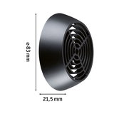 Zwart rond kunststof ventilatierooster met 83 mm diameter en 21,5 mm diepte voor luchtcirculatie.