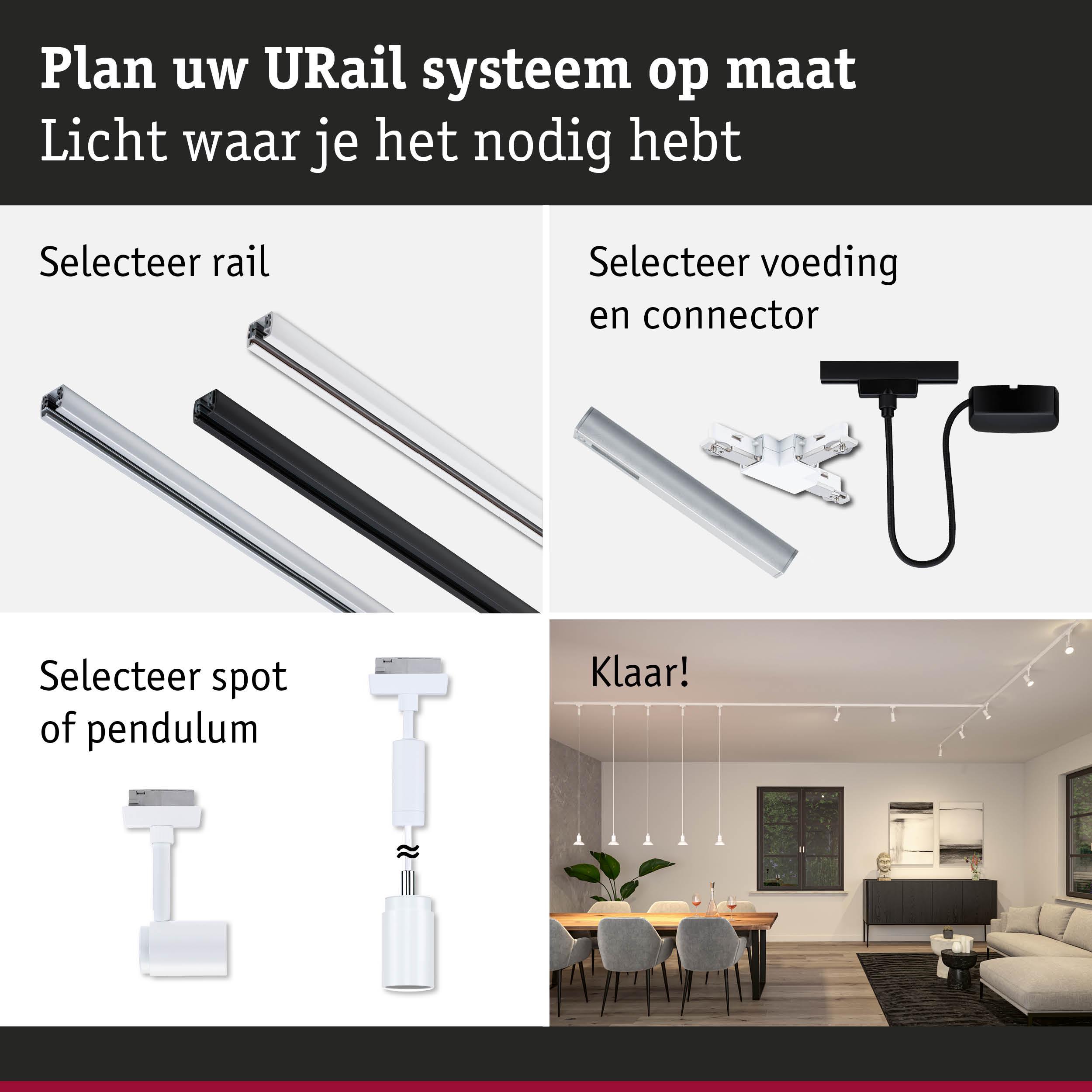 Modulair URail railsysteem met rails, connectoren en spots voor flexibele LED-verlichting.