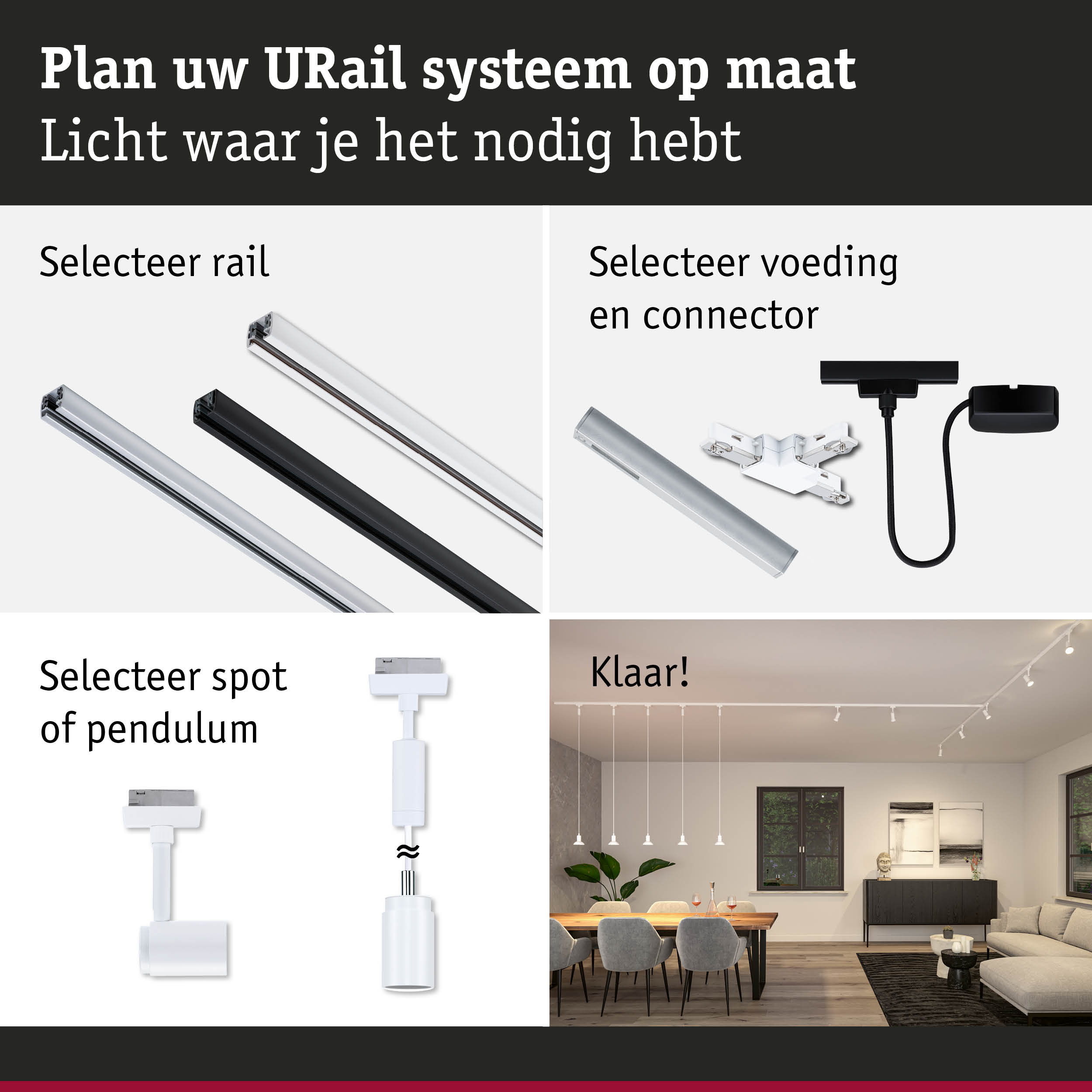 Modulair URail railsysteem met witte en zwarte rails, connectoren en spots voor flexibele verlichting