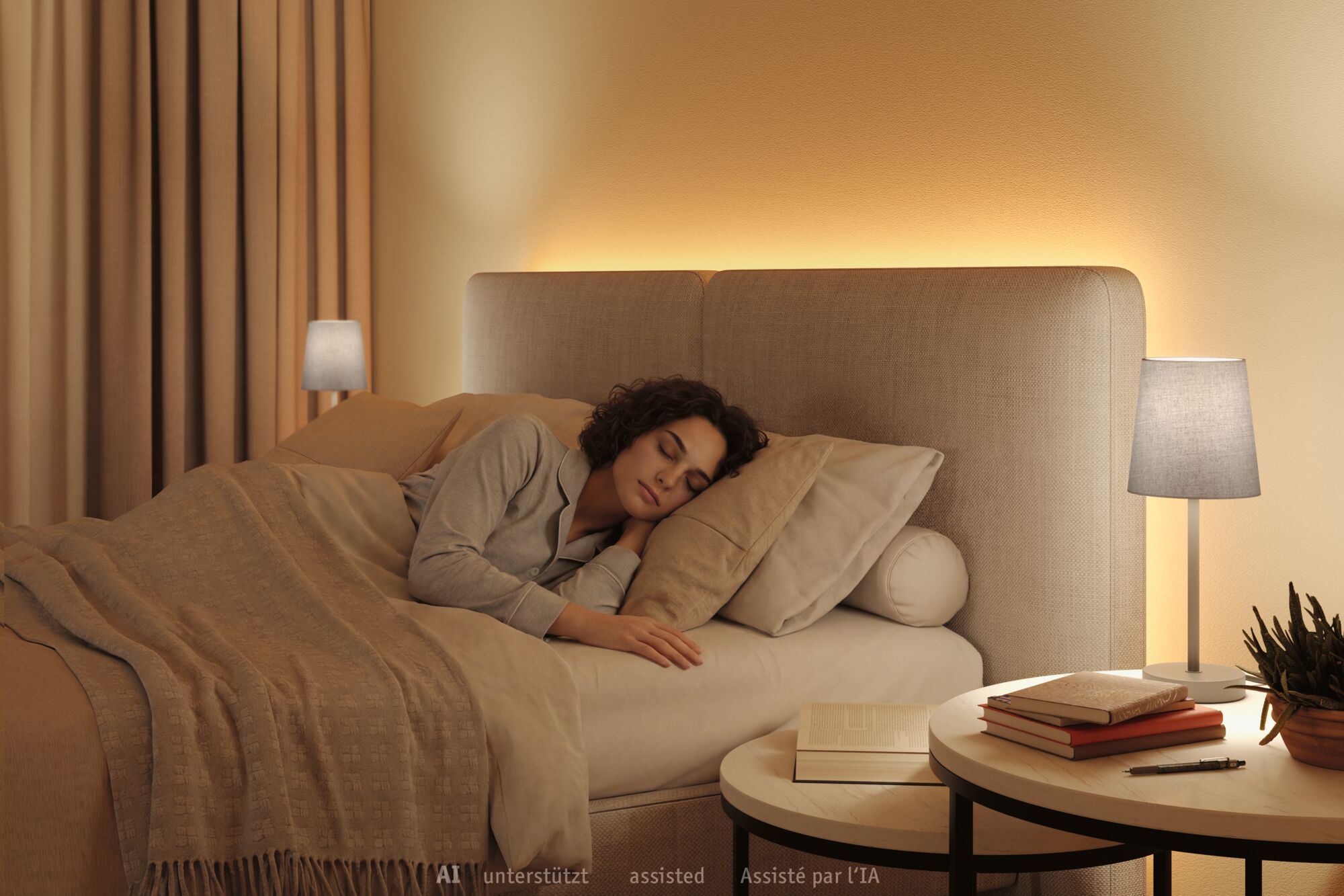 Smart home dans la chambre à coucher Chambre avec lit en tissu beige, éclairage LED chaud en arrière-plan et lampe sur pied grise pour une ambiance cosy. Assisté par IA