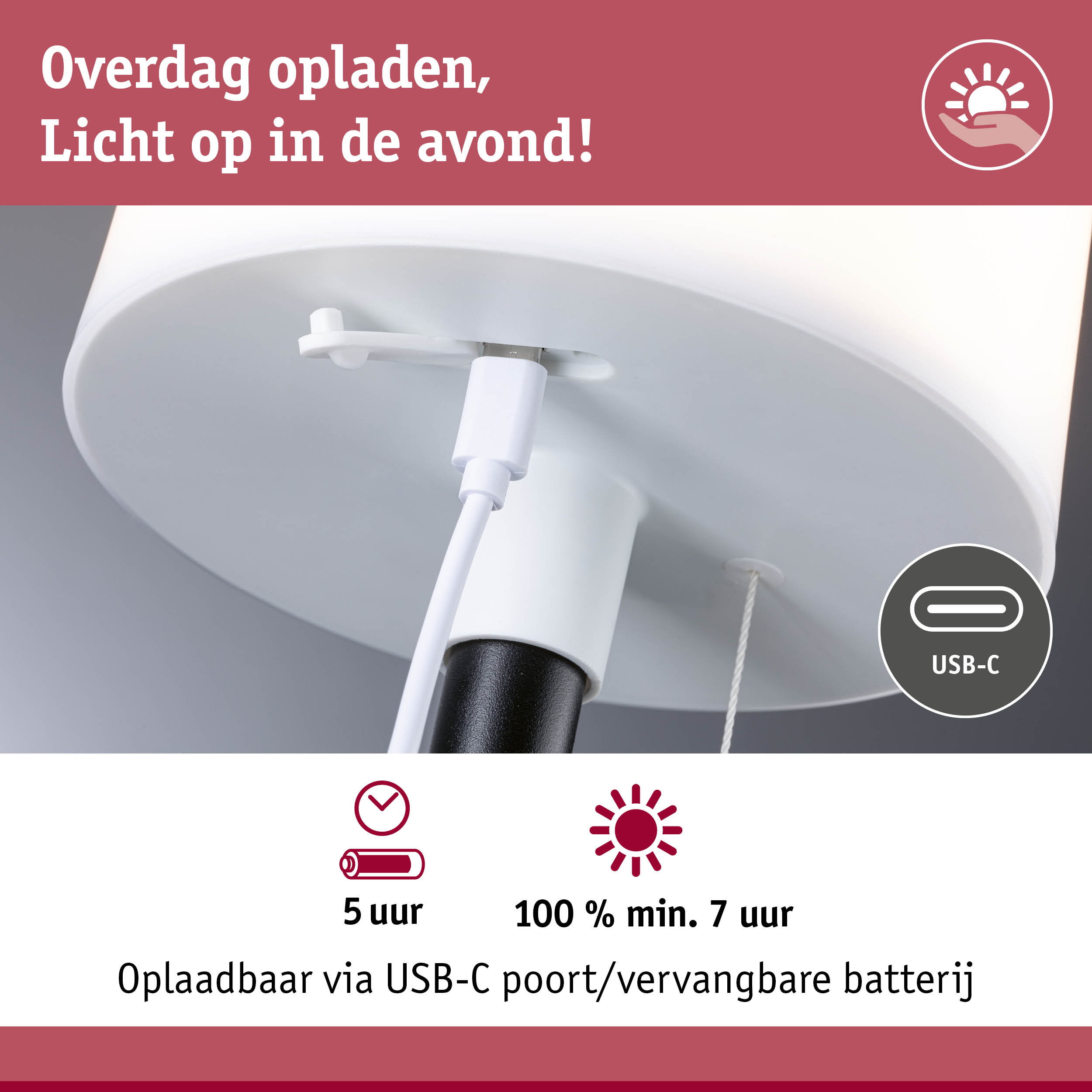 Close-up van witte USB-C oplaadpoort op moderne oplaadbare lamp met batterij