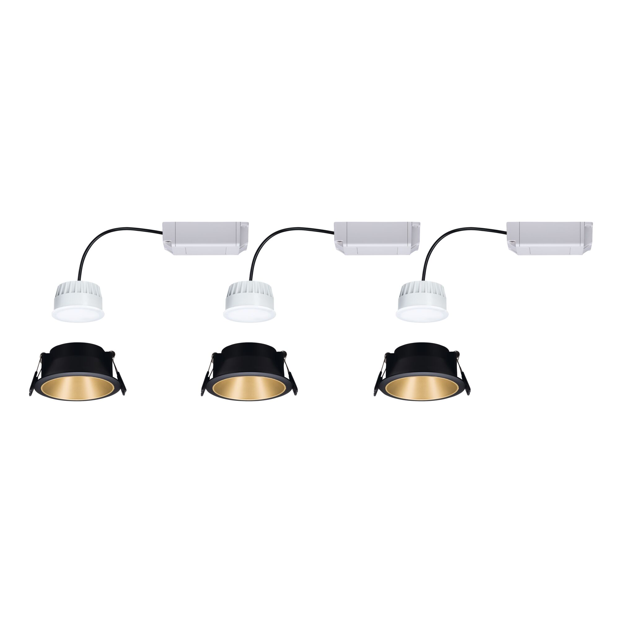 Trois spots encastrés noirs avec réflecteur doré et driver LED blanc pour éclairage intérieur moderne