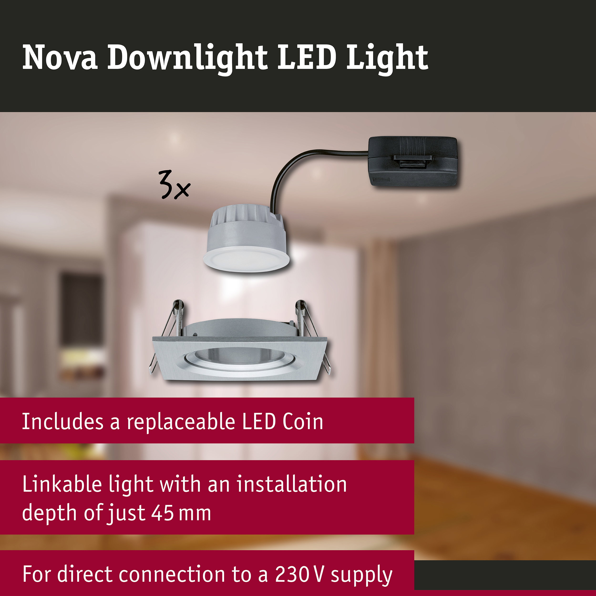 LED Downlight 3-Step-Dim Nova Coin Basic Set Swivelling angular 84x84mm 50° Coin 3x6W 3x470lm 230V dimmable 2700K Turned aluminium
