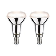 Zwei reflektierende LED-Reflektorlampen mit E14-Fassung in Silber für energiesparende Beleuchtung.