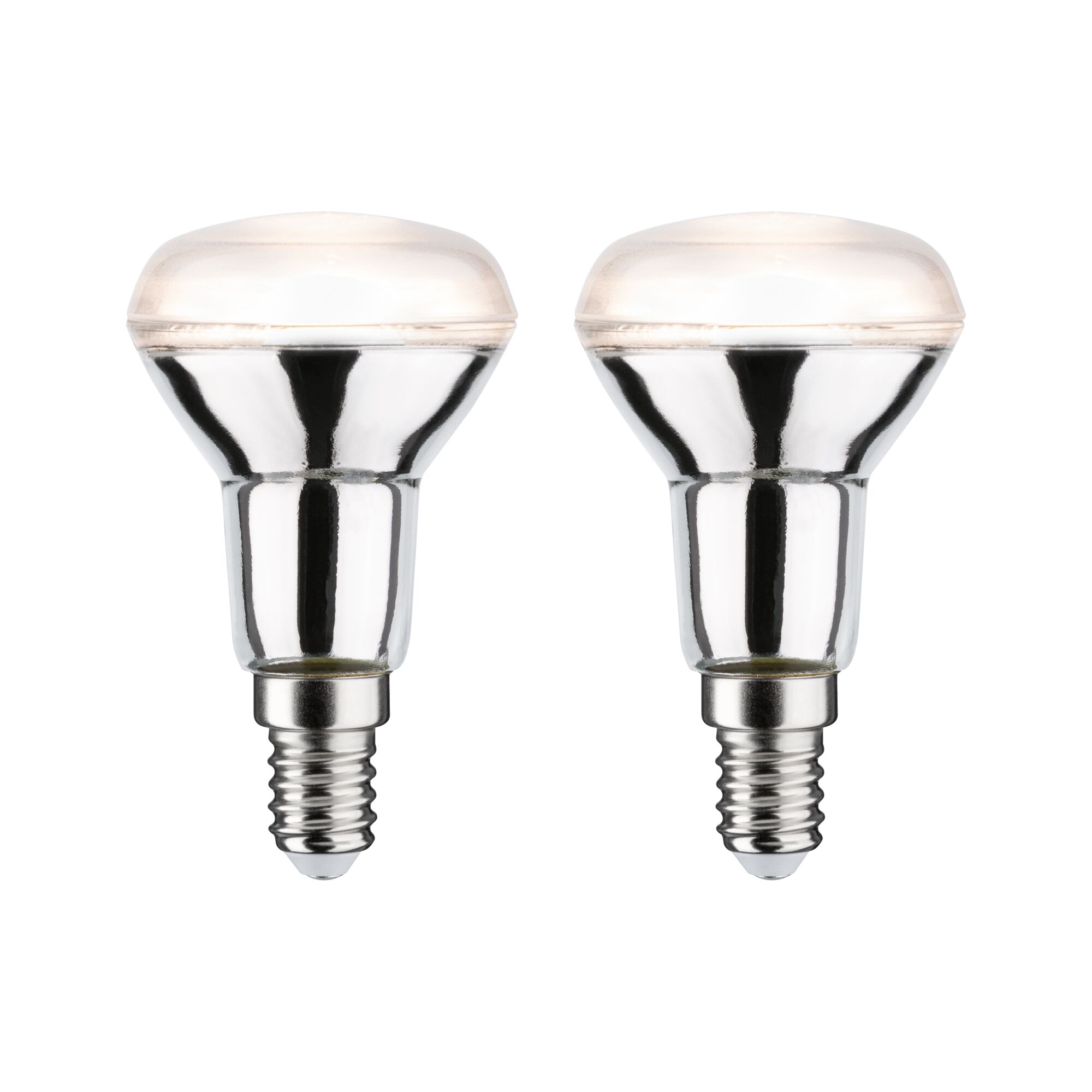 Zwei reflektierende LED-Reflektorlampen mit E14-Fassung in Silber für energiesparende Beleuchtung.