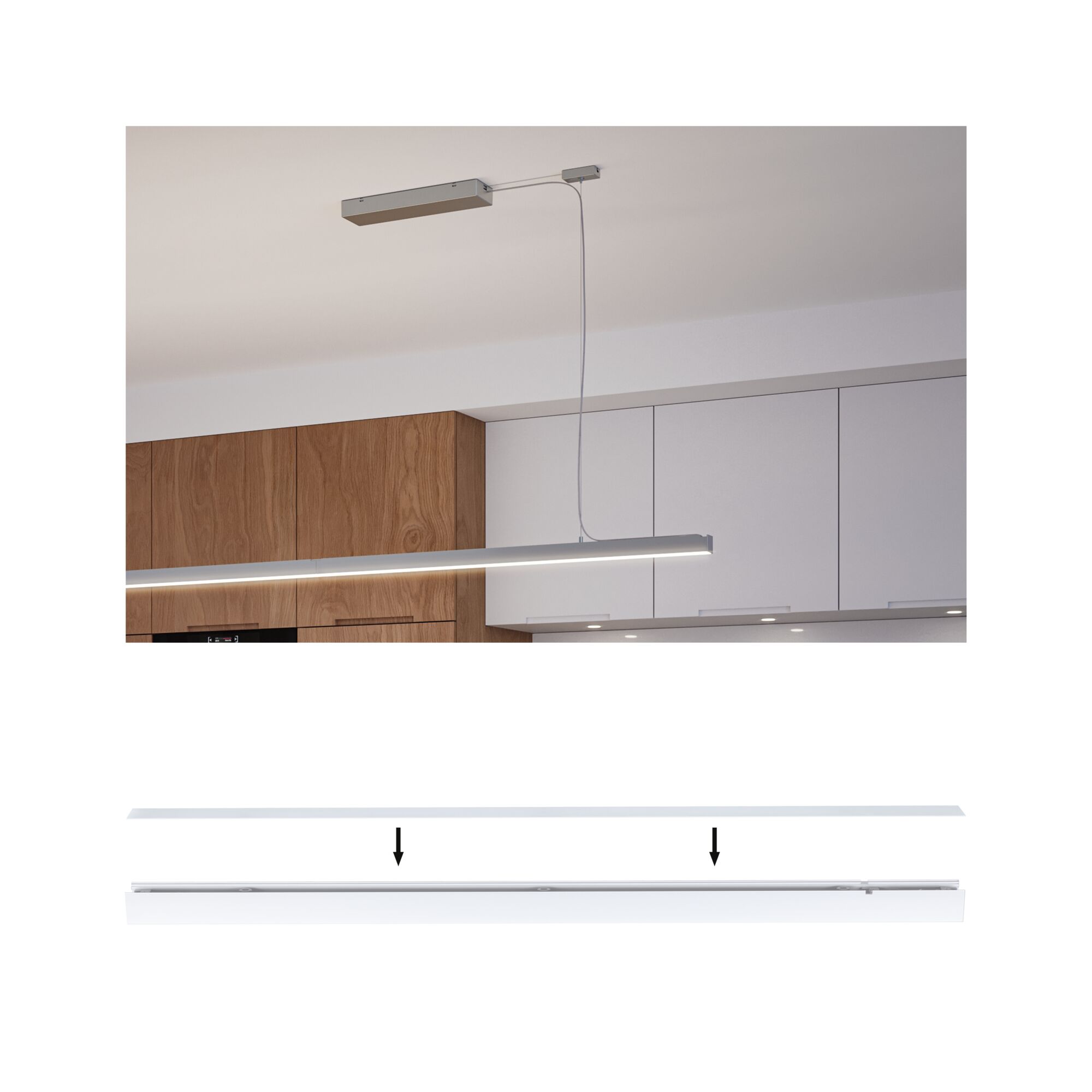 Moderne LED-Pendelleuchte in Silber mit linearer Form über Küchenzeile aus Holz und Weiß.