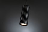 Black aluminium pendant light with ribbed design and warm white LED for modern interior lighting