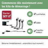 Kit de démarrage avec trois spots LED noirs, câble et transformateur pour éclairage extérieur