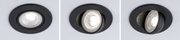 Three black metal recessed spotlights with adjustable LED light mounted in ceiling