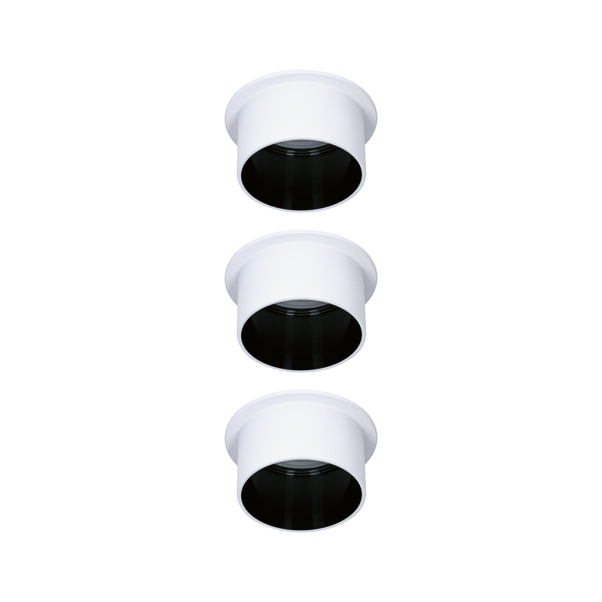 Three white recessed metal lights with black inner ring for modern LED lighting solutions