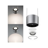 Modern silver aluminum pendant light with LED and interchangeable lenses for adjustable lighting effects