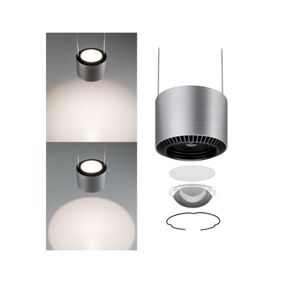 Moderner Aluminium-Pendelleuchte in Silber mit LED-Licht und austauschbaren Linsen für verschiedene Lichtstärken